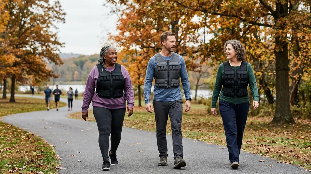 Three adults of different ages walking on a park path in weighted vests