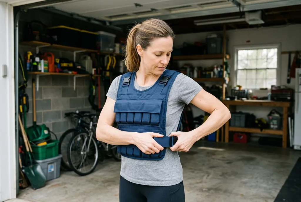 Woman tightening the side straps of her weighted vest in a home garage