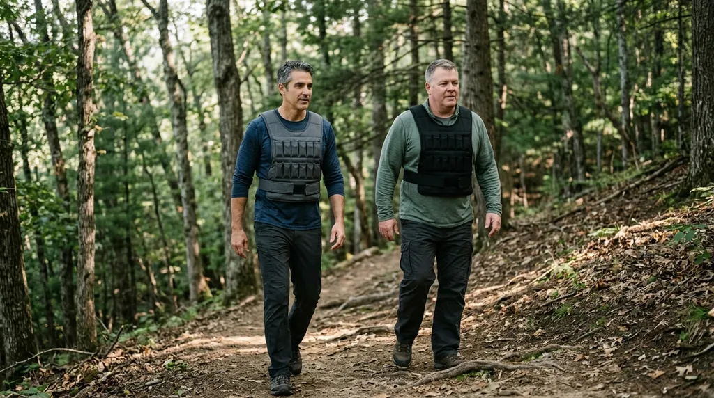 Two men walking up a wooded trail, both wearing weighted vests