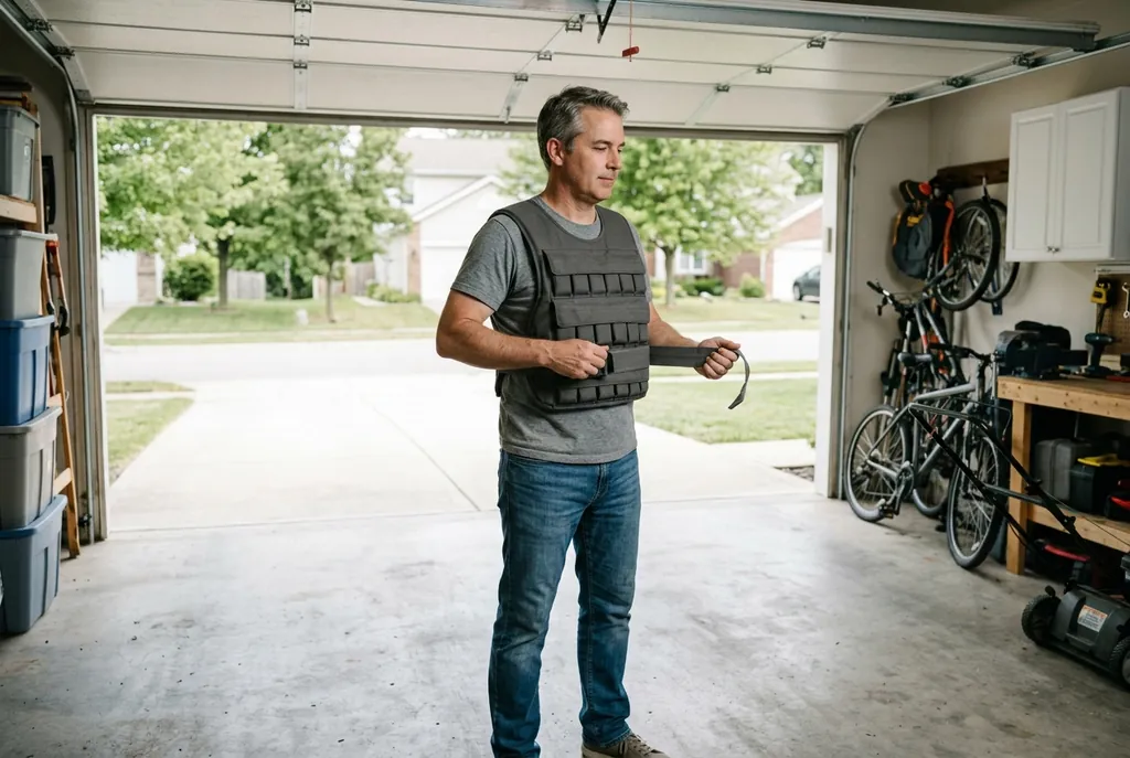 Man adjusting the side straps of a weighted vest in a home garage