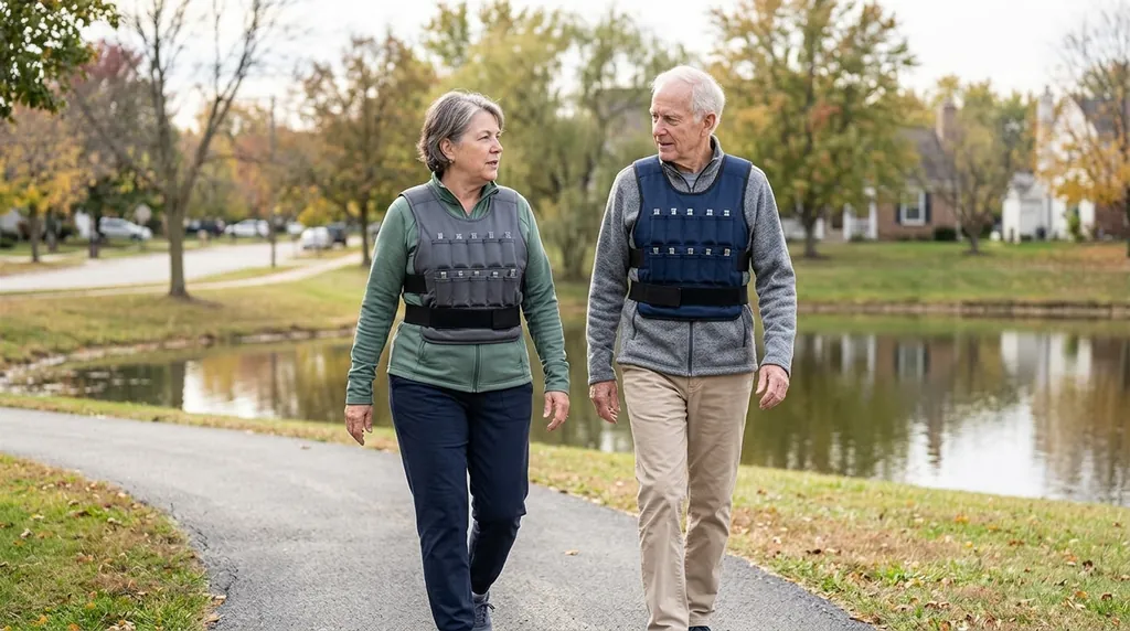 Two older adults walking on a park path, both wearing light weighted vests