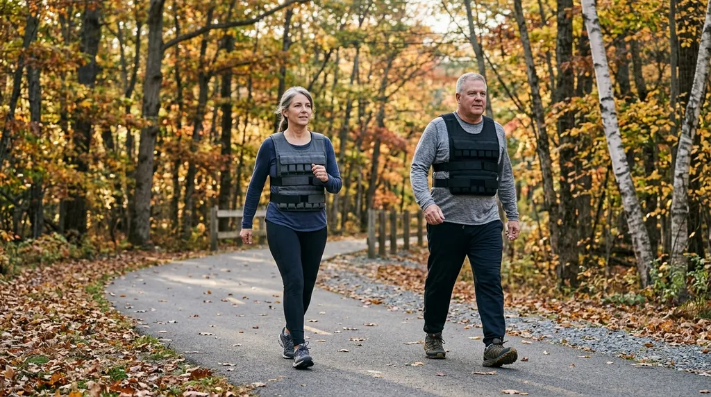 Two adults walking briskly on a tree-lined rail trail, both wearing weighted vests