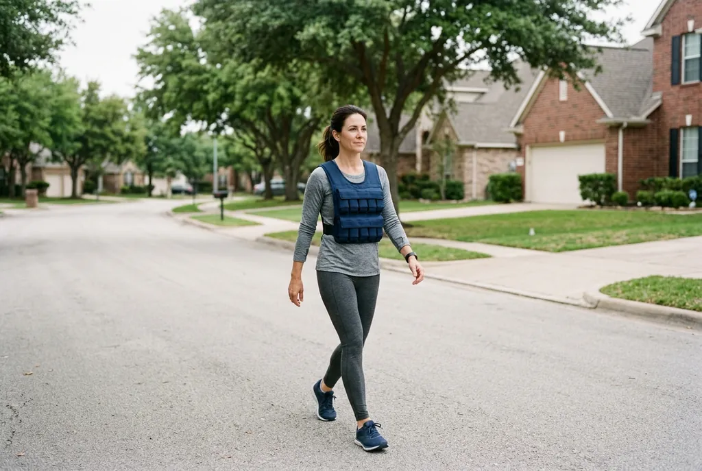 Woman walking upright on a neighborhood street in a snug navy weighted vest