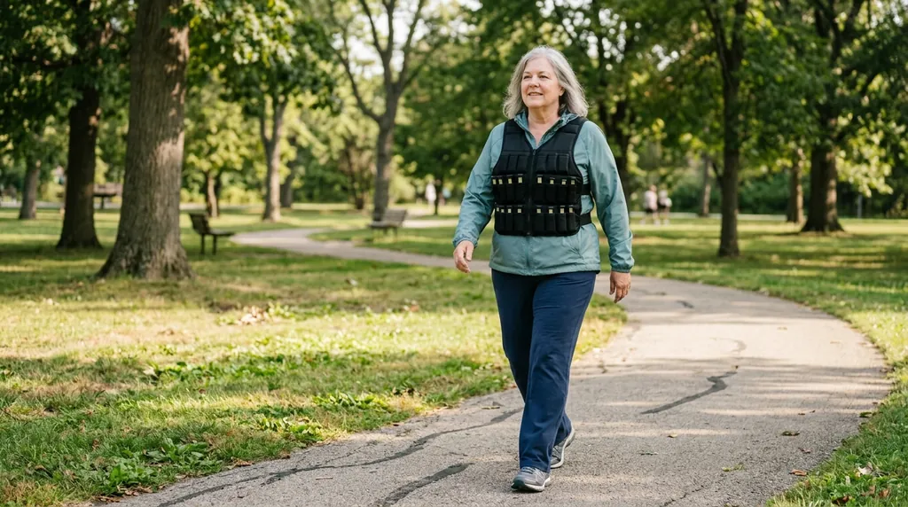 Woman in her sixties walking on a park path wearing a black weighted vest