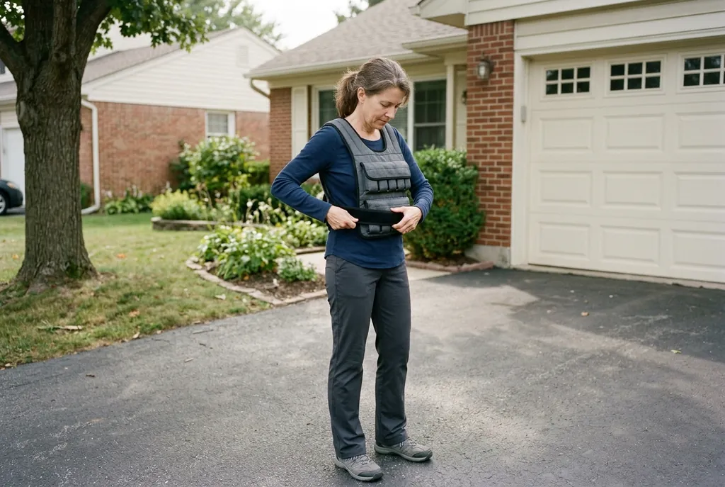 Woman adjusting the side straps of her weighted vest on a driveway before a walk