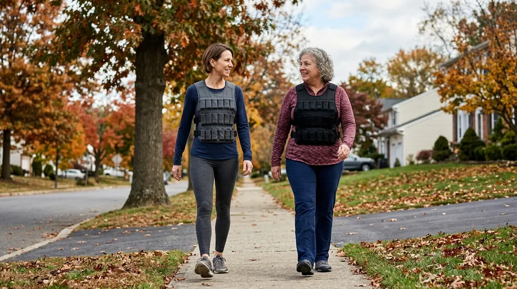 Two women walking on a suburban sidewalk in autumn, both wearing weighted vests
